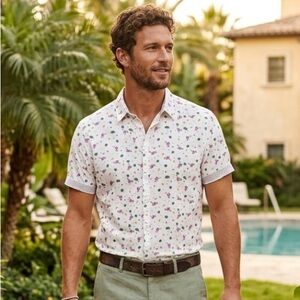 Recess Flamingo Pineapple Retro Print Slim Fit XL Short Sleeve Button Up Shirt